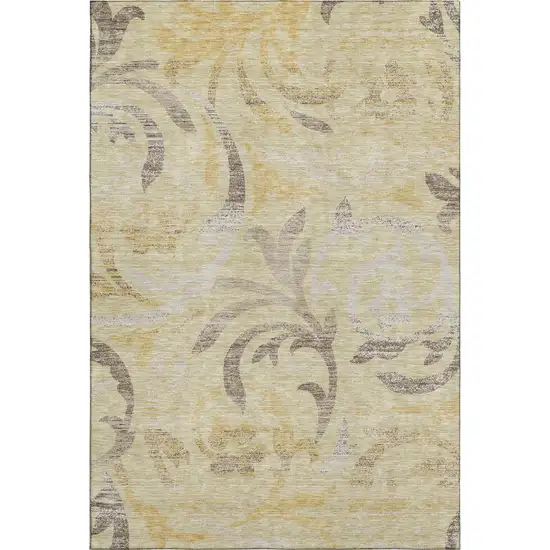 Gold Beige And Taupe Floral Washable Area Rug With UV Protection Photo 1