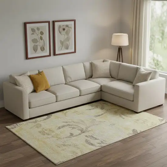 Gold Beige And Taupe Floral Washable Area Rug With UV Protection Photo 1