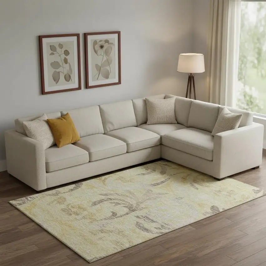 Gold Beige And Taupe Floral Washable Area Rug With UV Protection Photo 1