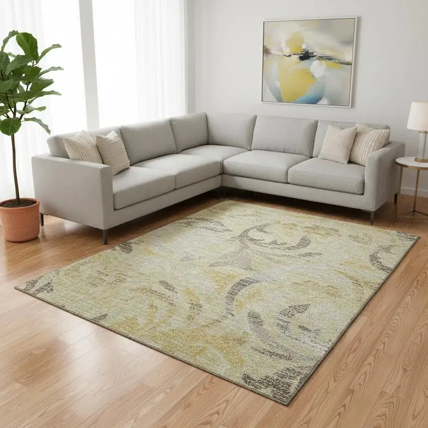Gold Beige And Taupe Floral Washable Area Rug With UV Protection Photo 2