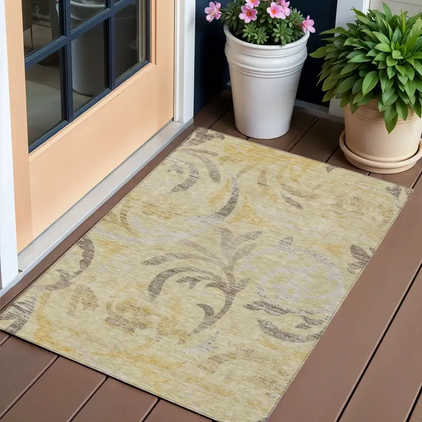 Gold Beige And Taupe Floral Washable Indoor Outdoor Area Rug Photo 1