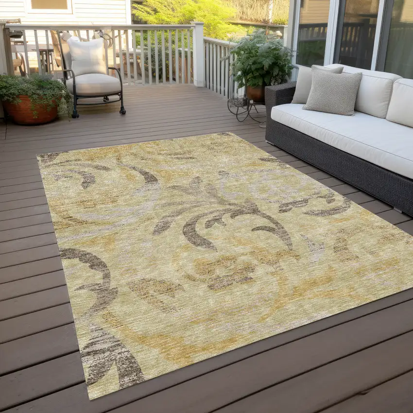 Gold Beige And Taupe Floral Washable Indoor Outdoor Area Rug Photo 9