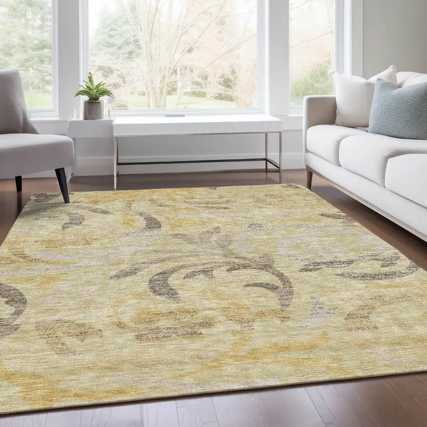 Gold Beige And Taupe Floral Washable Indoor Outdoor Area Rug Photo 7
