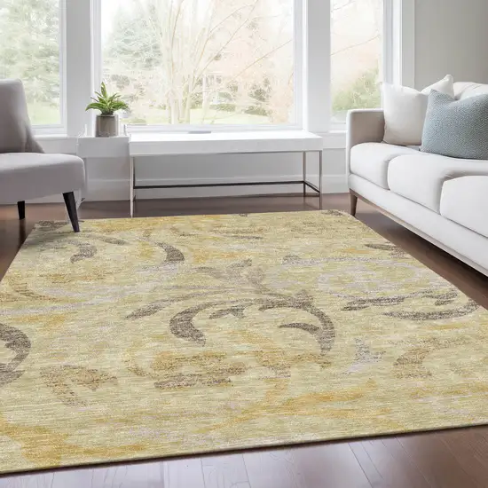 Gold Beige And Taupe Floral Washable Indoor Outdoor Area Rug Photo 7