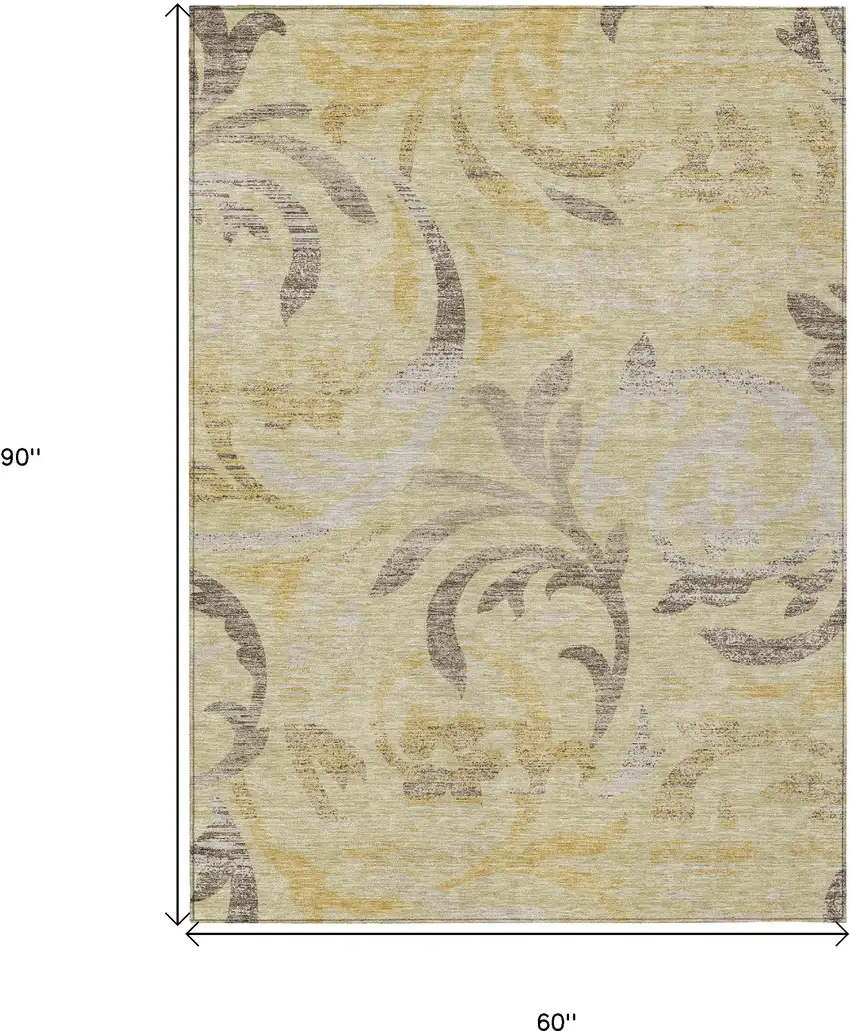 Gold Beige And Taupe Floral Washable Indoor Outdoor Area Rug Photo 3