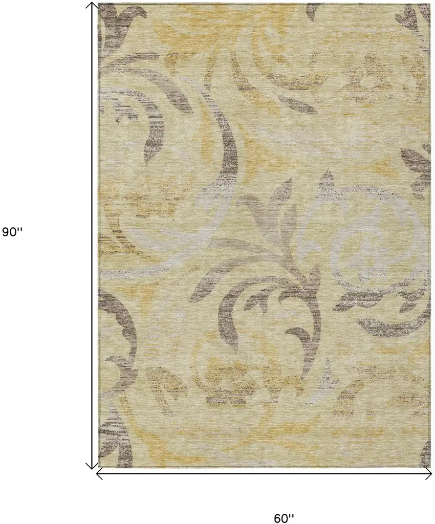 Gold Beige And Taupe Floral Washable Indoor Outdoor Area Rug Photo 3