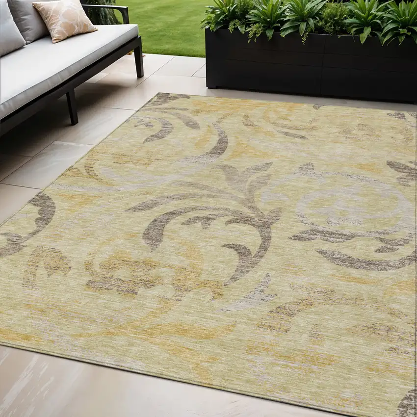 Gold Beige And Taupe Floral Washable Indoor Outdoor Area Rug Photo 1