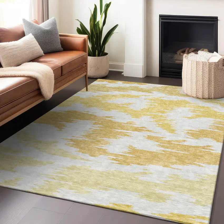 Gold Beige And Wheat Abstract Washable Area Rug With UV Protection Photo 6