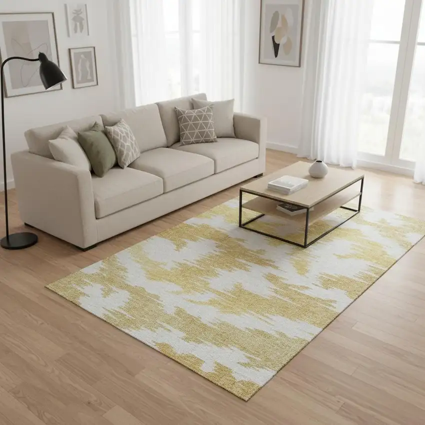 Gold Beige And Wheat Abstract Washable Area Rug With UV Protection Photo 2