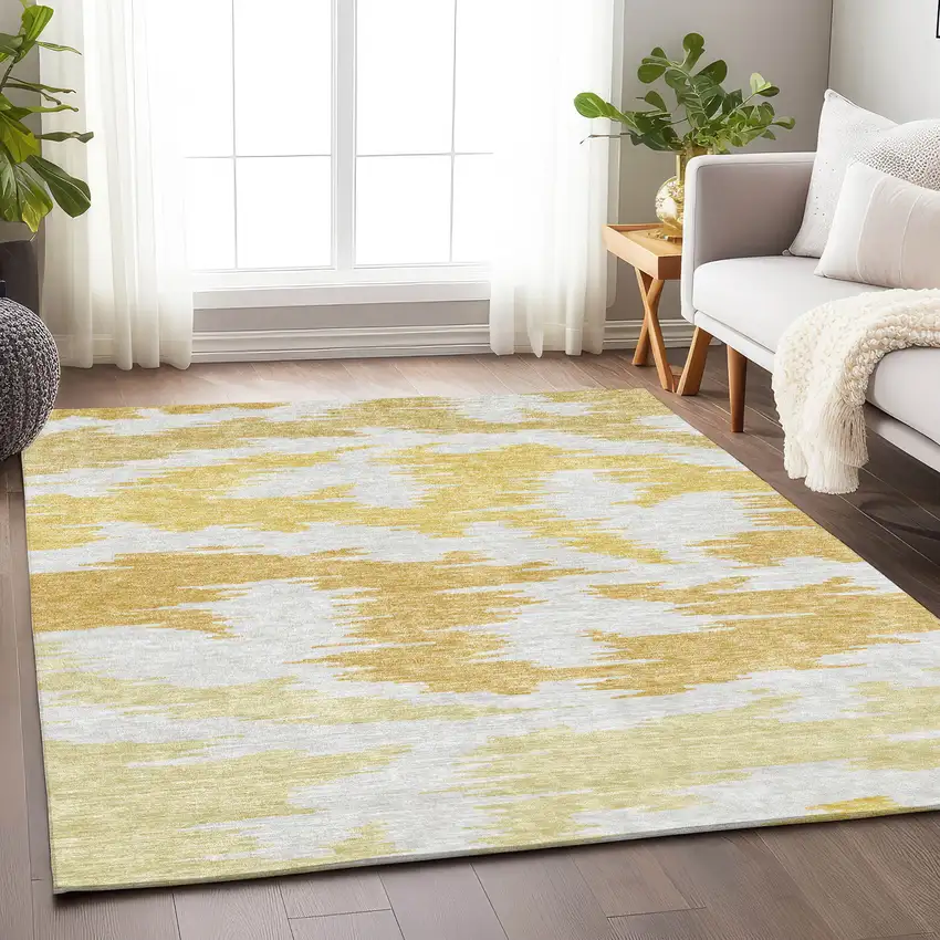 Gold Beige And Wheat Abstract Washable Area Rug With UV Protection Photo 4