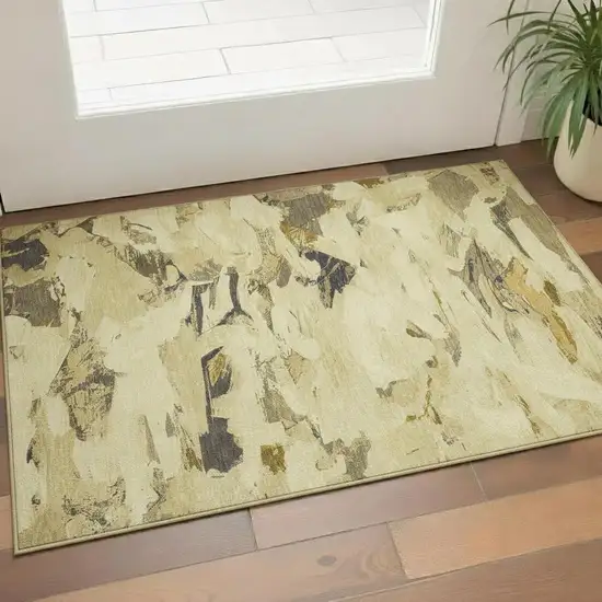 Gold Beige And Wheat Abstract Washable Area Rug With UV Protection Photo 2