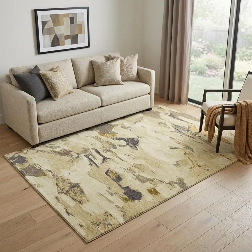 Gold Beige And Wheat Abstract Washable Area Rug With UV Protection Photo 1