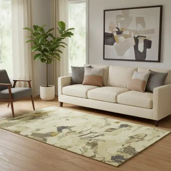 Gold Beige And Wheat Abstract Washable Area Rug With UV Protection Photo 2