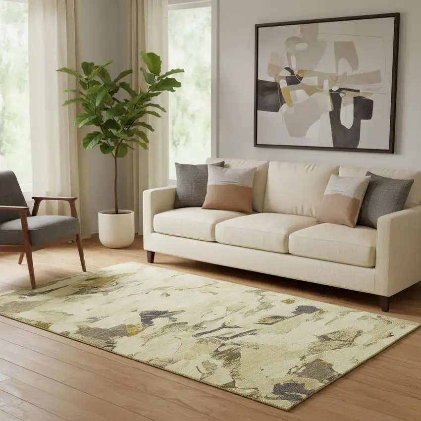 Gold Beige And Wheat Abstract Washable Area Rug With UV Protection Photo 2