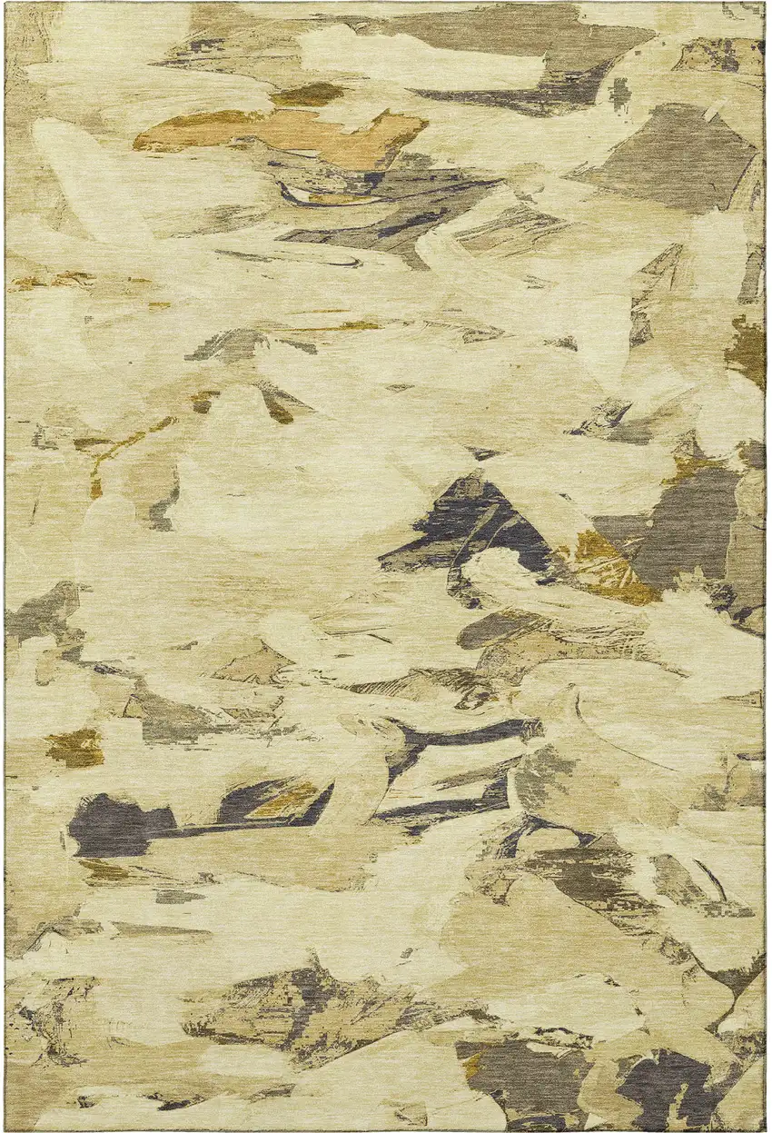 Gold Beige And Wheat Abstract Washable Area Rug With UV Protection Photo 2