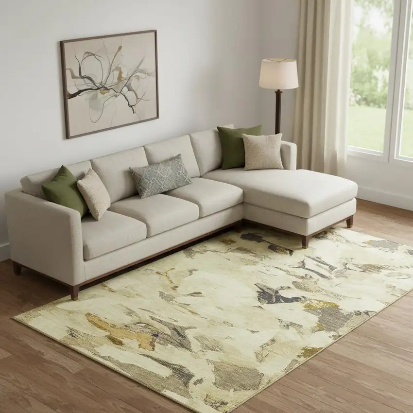 Gold Beige And Wheat Abstract Washable Area Rug With UV Protection Photo 2