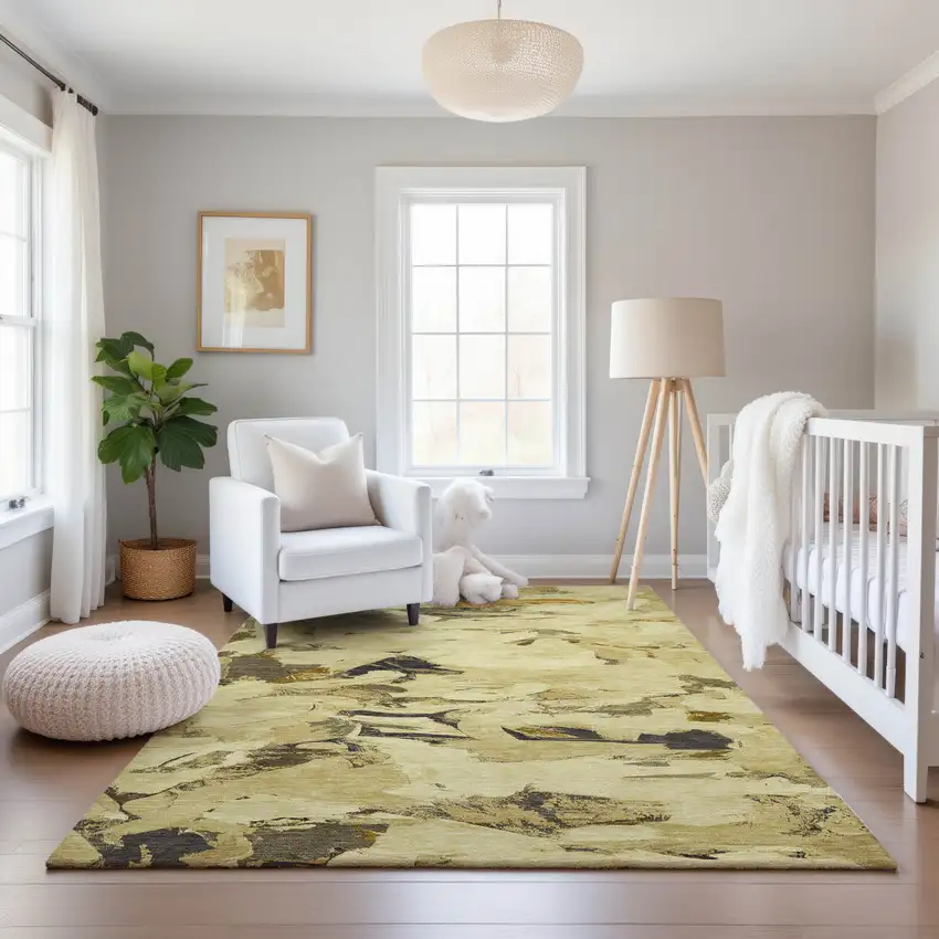 Gold Beige And Wheat Abstract Washable Area Rug With UV Protection Photo 4