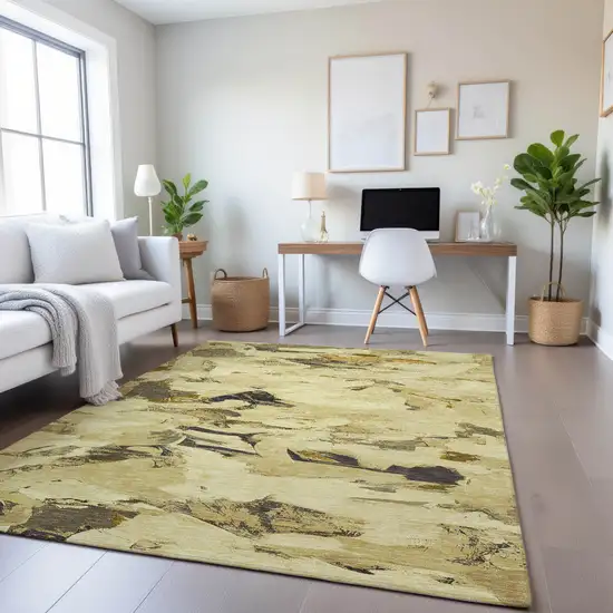Gold Beige And Wheat Abstract Washable Area Rug With UV Protection Photo 3