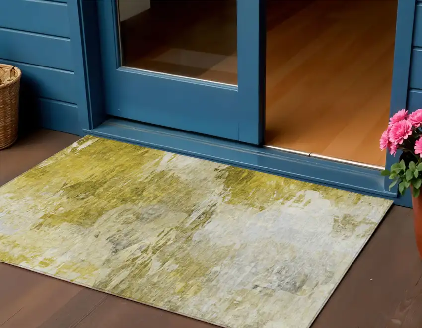 Gold Beige And Wheat Abstract Washable Indoor Outdoor Area Rug Photo 1