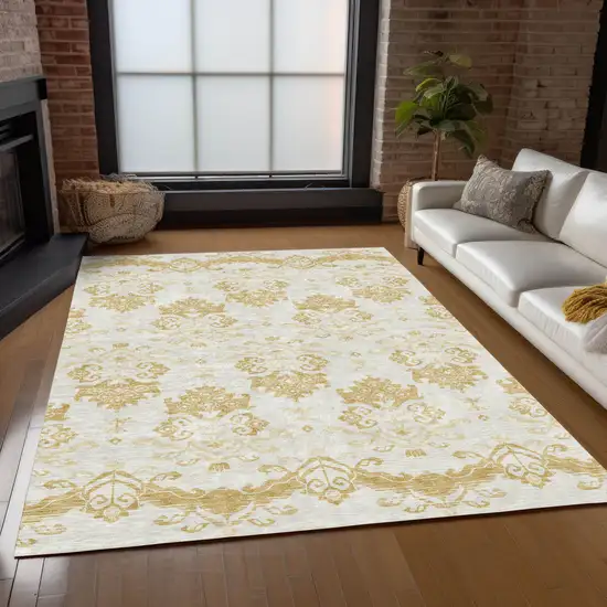 Gold Beige And Wheat Oriental Washable Indoor Outdoor Area Rug Photo 9