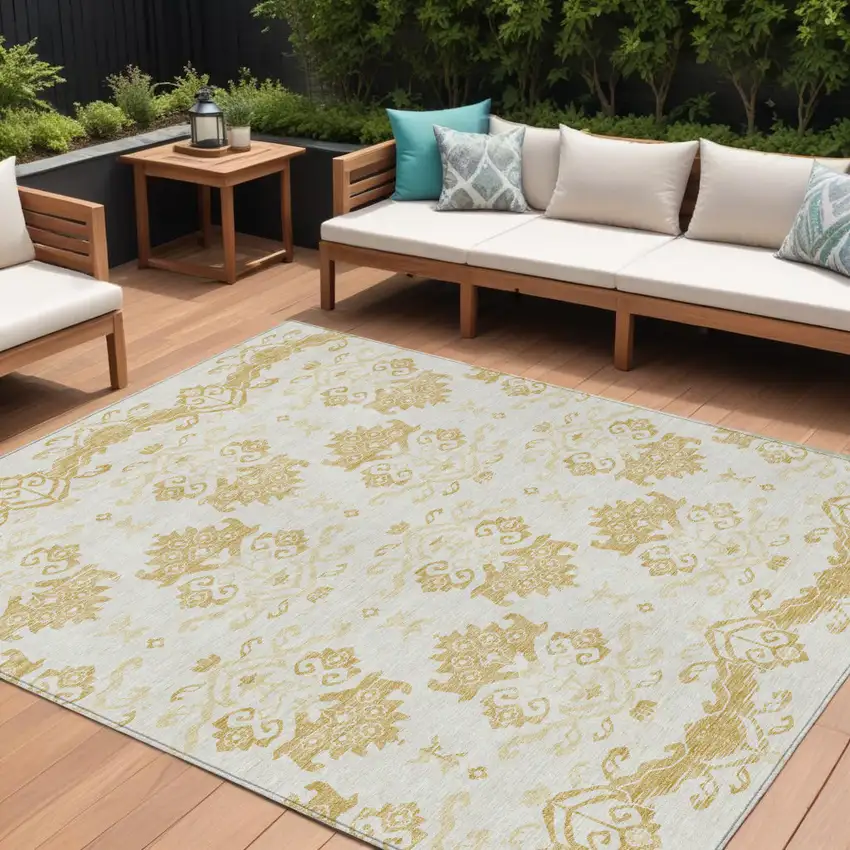 Gold Beige And Wheat Oriental Washable Indoor Outdoor Area Rug Photo 1