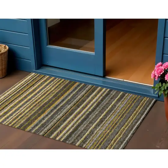 Gold Beige And Wheat Striped Washable Indoor Outdoor Area Rug Photo 1