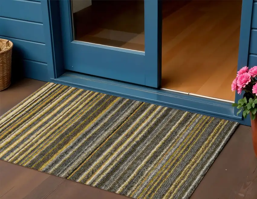 Gold Beige And Wheat Striped Washable Indoor Outdoor Area Rug Photo 1