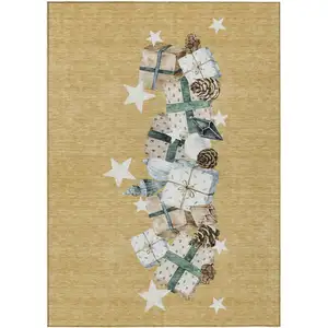 Photo of Gold Beige Ivory And Taupe Geometric Washable Indoor Outdoor Area Rug