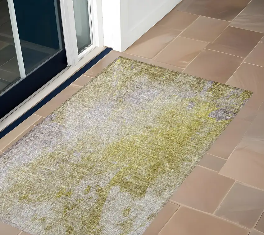 Gold Beige and Purple Abstract Washable Non Skid Indoor Outdoor Area Rug Photo 1