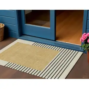 Photo of Gold Black And Beige Striped Washable Indoor Outdoor Area Rug