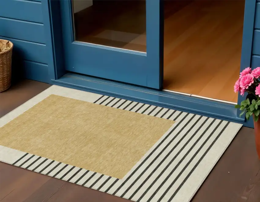 Gold Black And Beige Striped Washable Indoor Outdoor Area Rug Photo 1