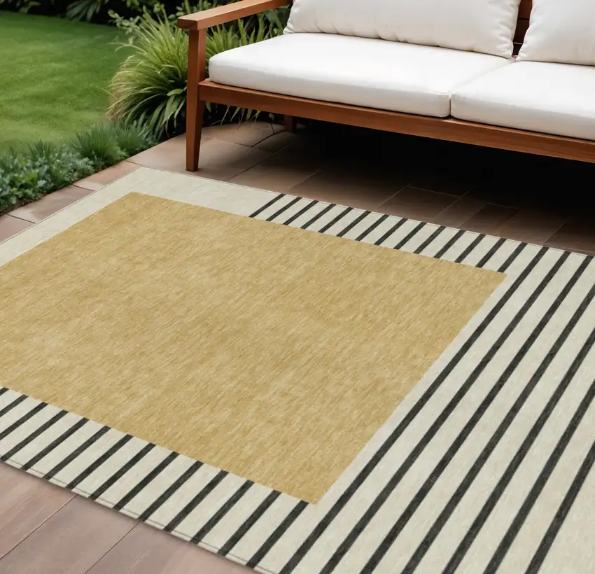 Gold Black And Beige Striped Washable Indoor Outdoor Area Rug Photo 1