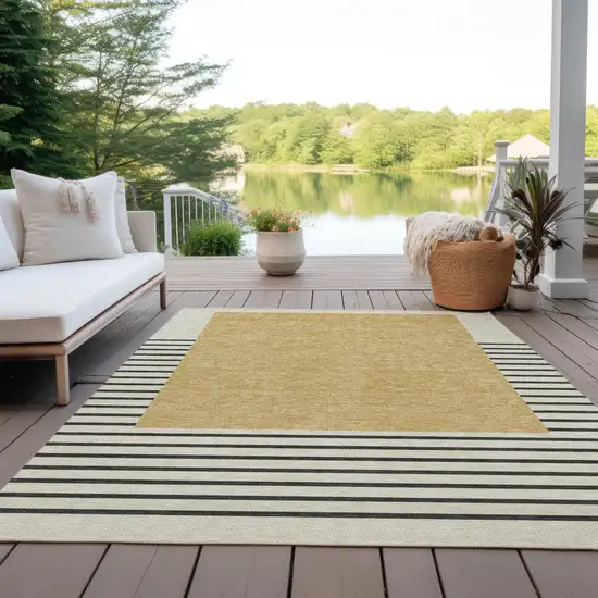 Gold Black And Beige Striped Washable Indoor Outdoor Area Rug Photo 9