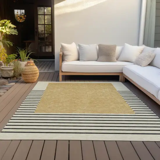 Gold Black And Beige Striped Washable Indoor Outdoor Area Rug Photo 7
