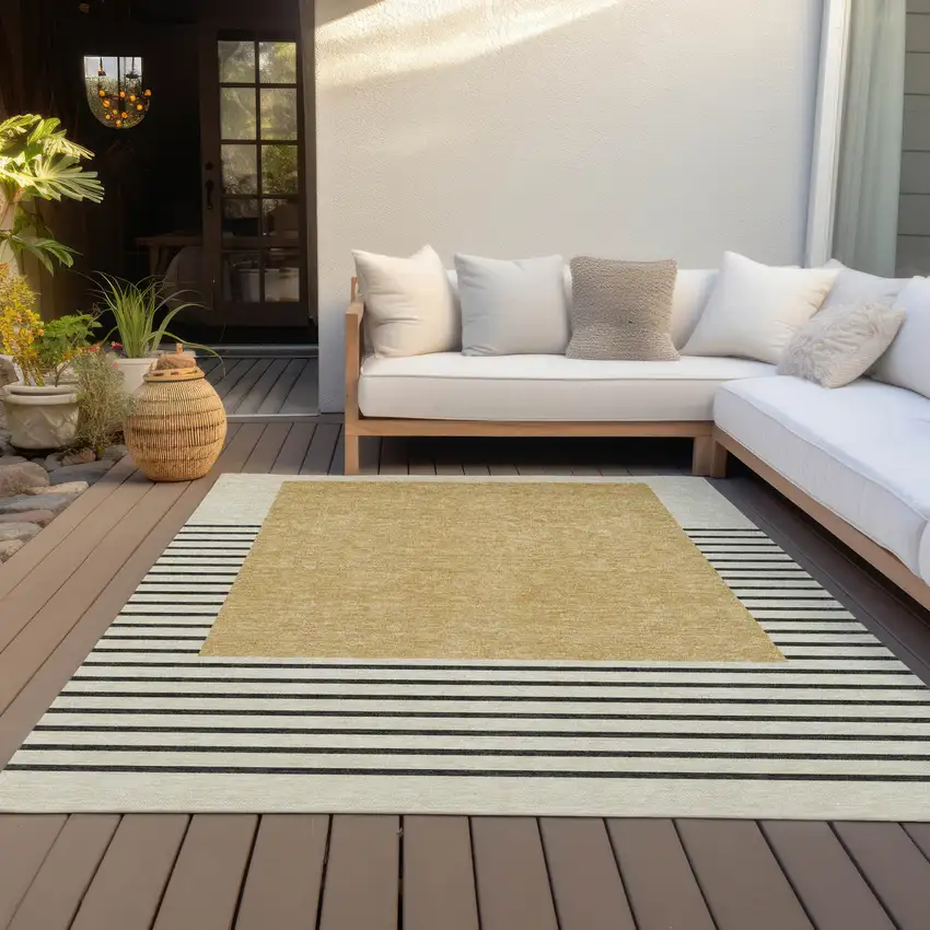 Gold Black And Beige Striped Washable Indoor Outdoor Area Rug Photo 7
