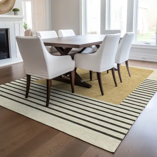 Gold Black And Beige Striped Washable Indoor Outdoor Area Rug Photo 9