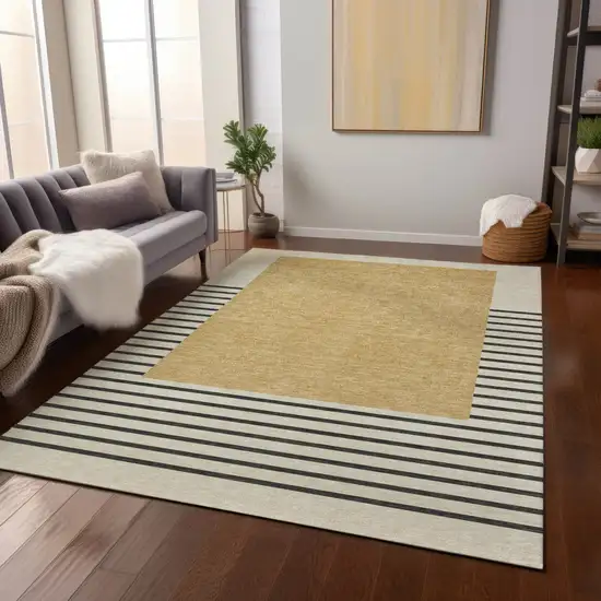 Gold Black And Beige Striped Washable Indoor Outdoor Area Rug Photo 8