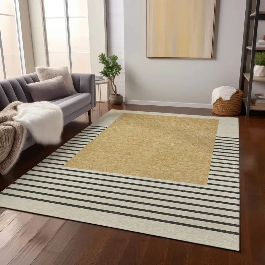 Gold Black And Beige Striped Washable Indoor Outdoor Area Rug Photo 8