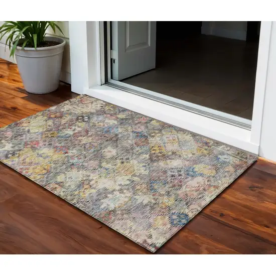 Gold Blue And Brown Floral Washable Indoor Outdoor Area Rug Photo 1