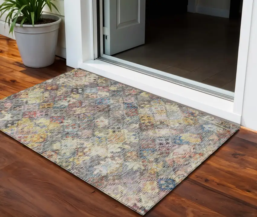 Gold Blue And Brown Floral Washable Indoor Outdoor Area Rug Photo 1