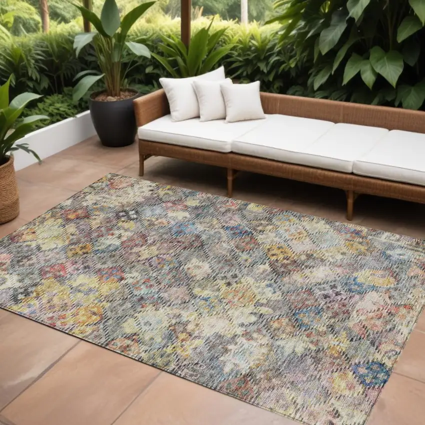 Gold Blue And Brown Floral Washable Indoor Outdoor Area Rug Photo 1