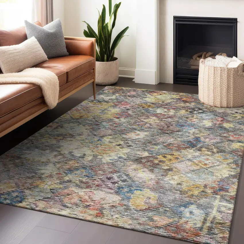 Gold Blue And Brown Floral Washable Indoor Outdoor Area Rug Photo 9