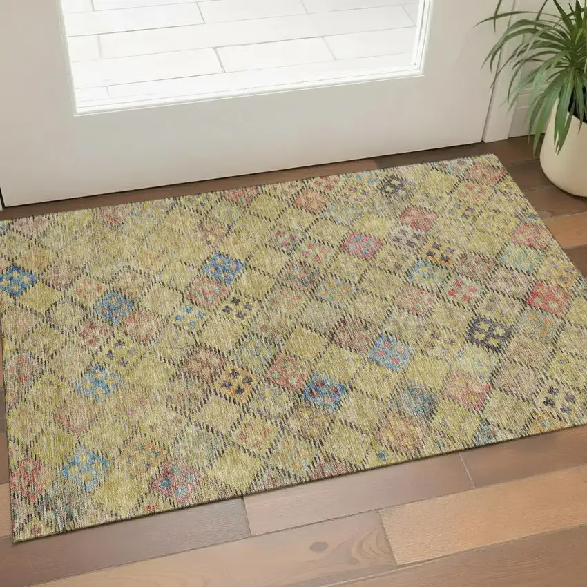 Gold Blue And Copper Geometric Washable Area Rug With UV Protection Photo 1