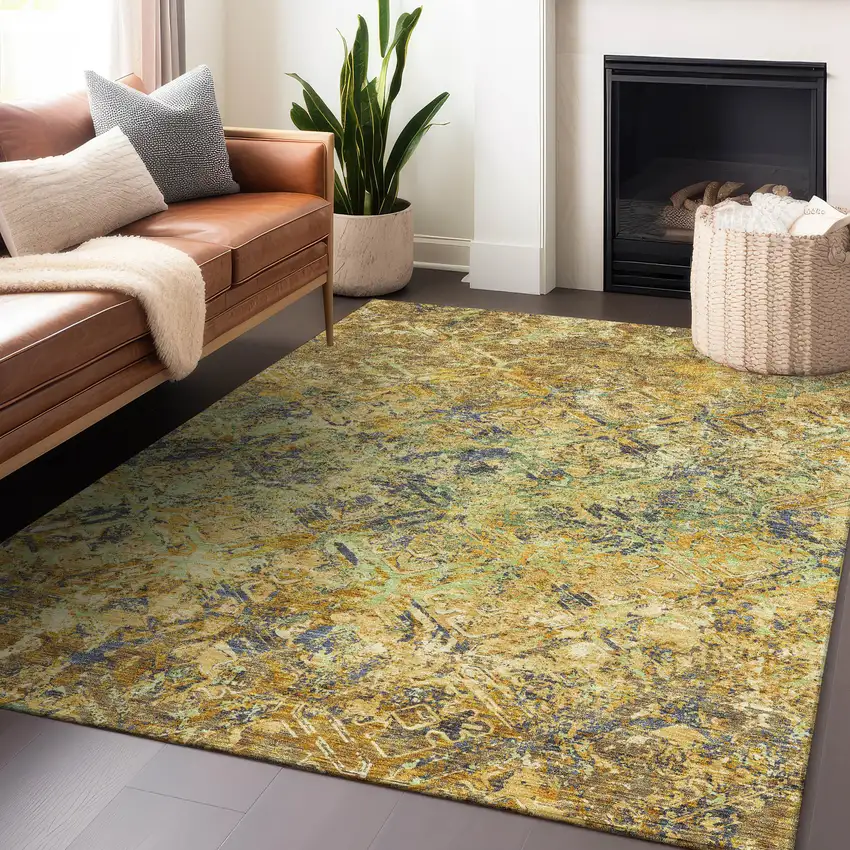 Gold Blue And Gray Diamond Washable Area Rug With UV Protection Photo 6