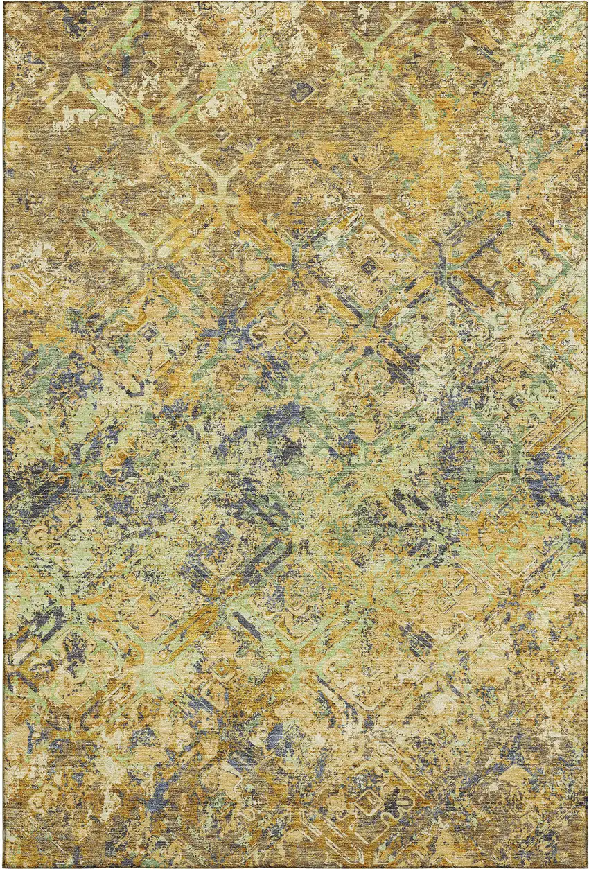 Gold Blue And Gray Diamond Washable Area Rug With UV Protection Photo 1