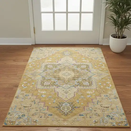 Gold Blue And Gray Oriental Washable Area Rug With UV Protection Photo 2