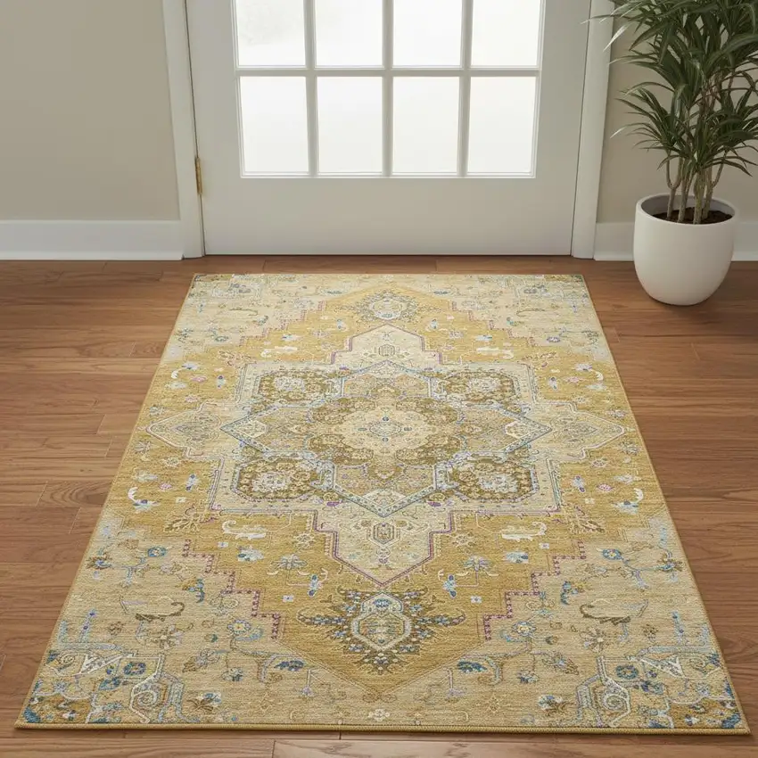 Gold Blue And Gray Oriental Washable Area Rug With UV Protection Photo 2