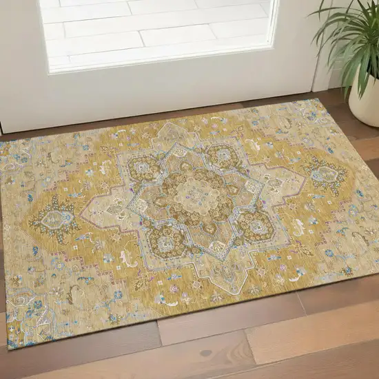 Gold Blue And Gray Oriental Washable Area Rug With UV Protection Photo 1