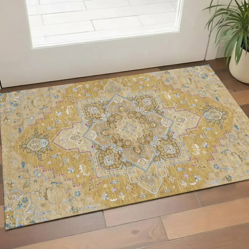 Gold Blue And Gray Oriental Washable Area Rug With UV Protection Photo 1