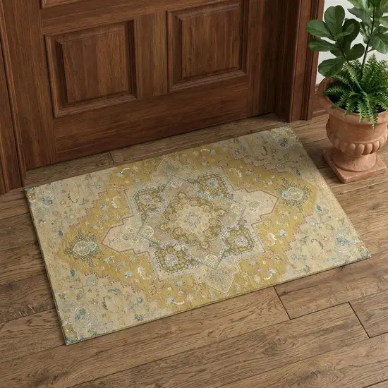 Gold Blue And Gray Oriental Washable Area Rug With UV Protection Photo 1